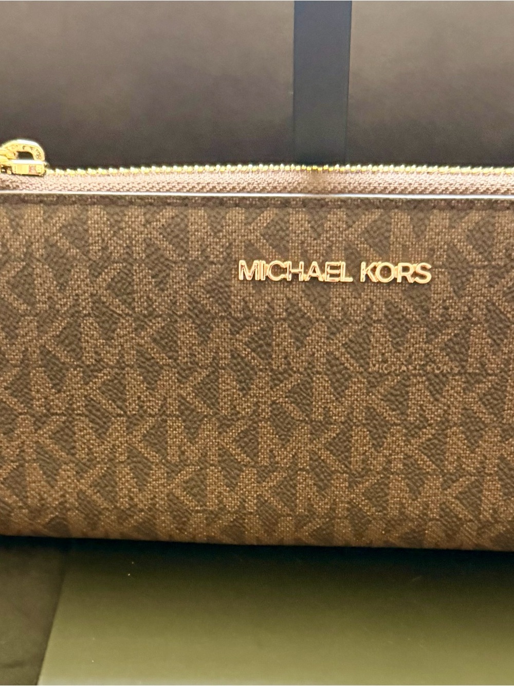 Michael Kors Brown Monogram Zip Card Holder with Gold Hardware